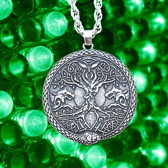 Stainless Steel Viking Life Tree Snake Five Star Pendant Necklace - Picture 1 of 10